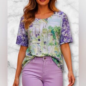 Chico’s Mediterranean Villa Watercolor Print Short Sleeve Top Size L Chicos 2
